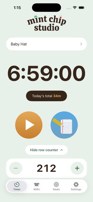 Stitch Clock timer screen with a row counter