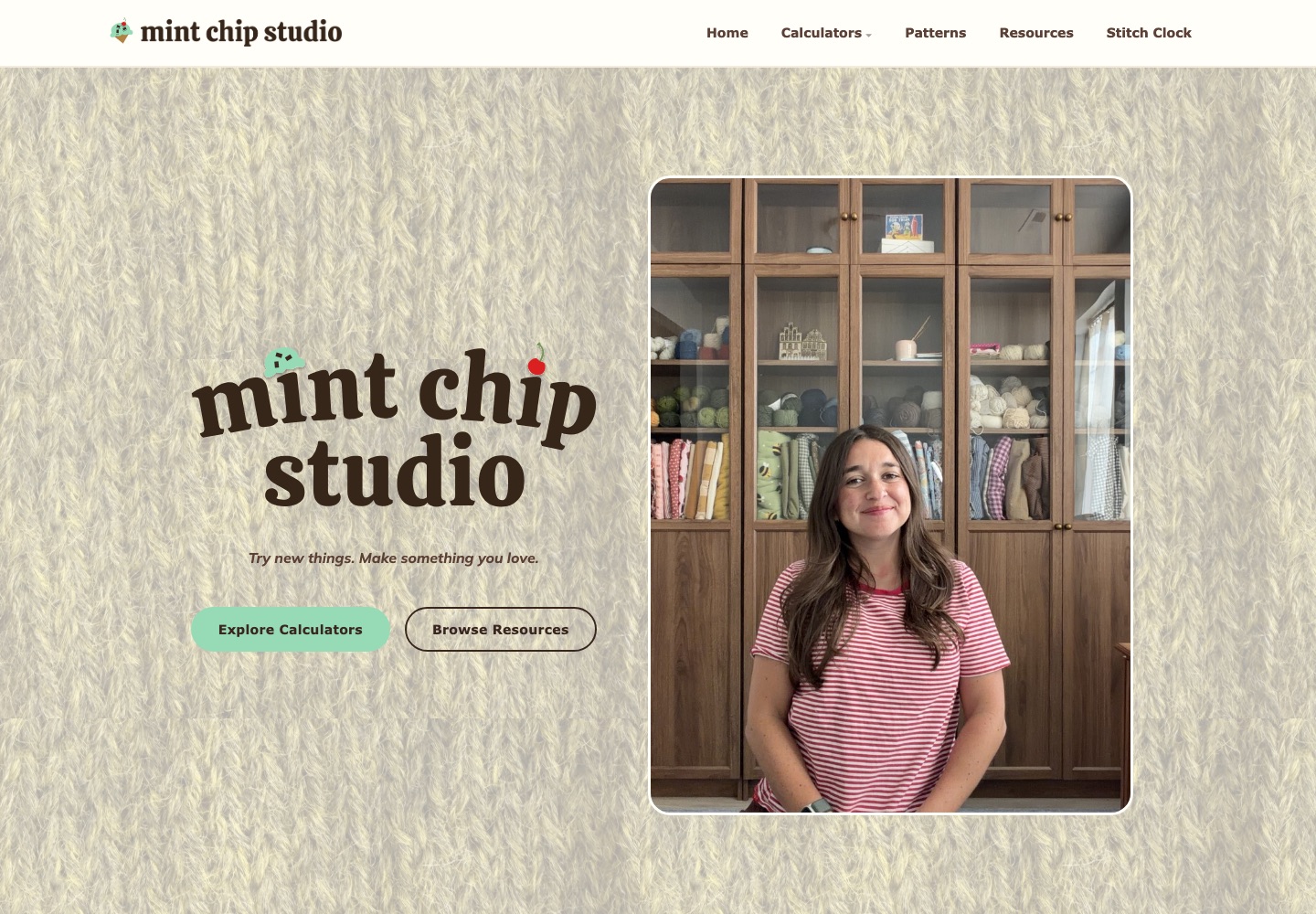 Mint Chip Studio homepage with the logo, tagline and a photo of Emily
